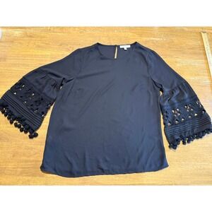 Pale Sky Blouse Womens M Black Boho Bell Sleeve Pom Pom Crochet Excellent